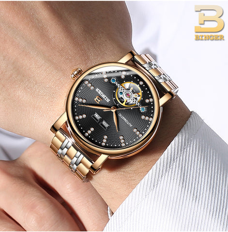 Image of Binger Swiss Diamond Studded Mechanical Watch Men B 1173