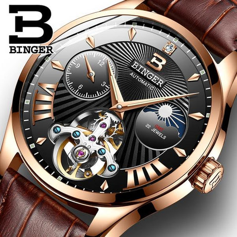 Binger Swiss 22 jewels Tourbillon Mechanical Men Watch B 1186