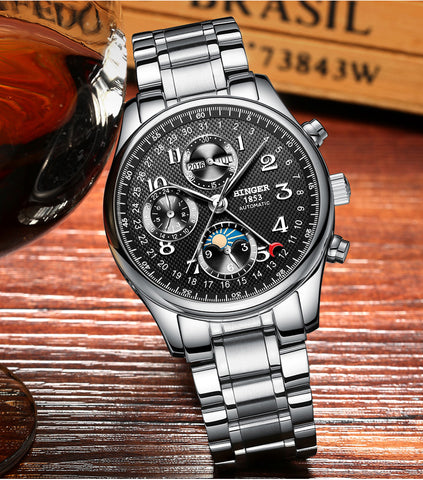 Image of Binger Swiss Moon Phase Mechanical Watch Men B 603-8