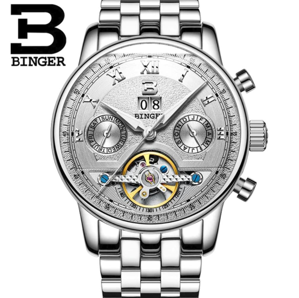 B BINGER B860 Orologio Meccanico Uomo – Scheletrato Automatico Con Fasi Lunari – Cassa Acciaio 41mm